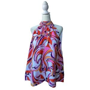 Express Top Women L Multicolor Groovy Retro Mod Halter Psychedelic Boho Chic NWT